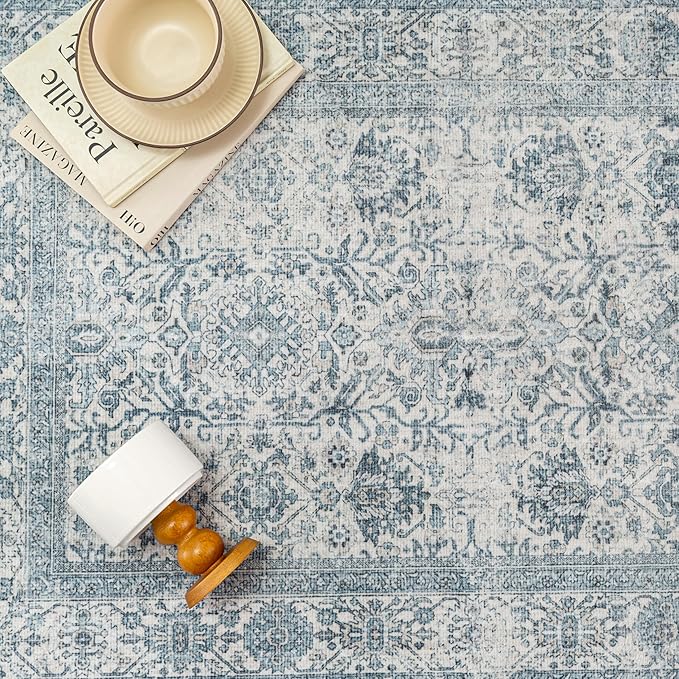 Vintage Area Rug 5x7 Blue Washable Living Room Large Carpet Non Slip Bedroom Indoor Office Low Pile Traditional Distressed Retro Accent Rug for Dining Room Bathroom Kitchen