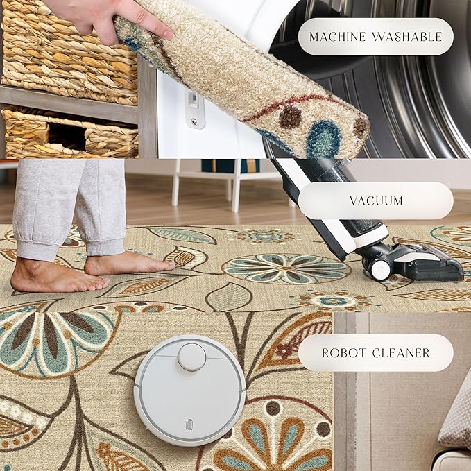 Maples Rugs Reggie Floral Area Rug - Made in USA - Washable, Non Slip, Pet-Friendly Mats for Living Room, Bedroom, and Office, 3'4 x 5, Beige