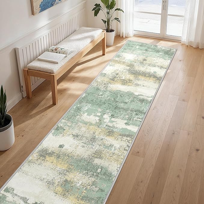 GENIMO Runner Rug Non Slip 2'6"x10', Washable Rug Runner for Hallways Kitchen, Abstract Modern Kitchen Rugs, Low Pile Lightweight Carpet Runners for Entryway, Bedroom, Laundry, Light Green