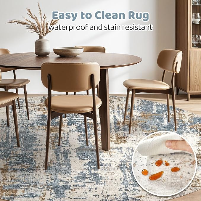 Round Rug Living Room Rugs: 8Ft Washable Circle Large Abstract Modern Soft Stain Resistant Non Slip Indoor Floor Carpet for Bedroom Nursery Office Dining Room Dorm Home House Decor- Tan Blue
