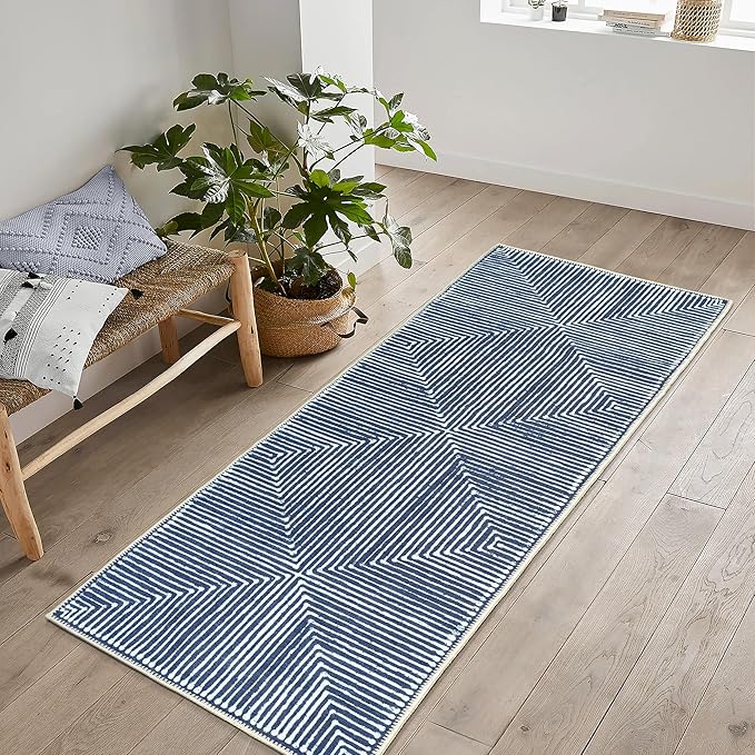 Bloom Rugs Washable Non-Slip 7 ft Runner - Blue Striped Runner for Entryway, Hallway, Bathroom, and Kitchen - Exact Size: 2.5' x 7'