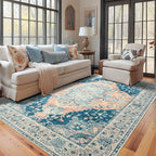 YJ.GWL Area Rugs for Living Room 5x7 Machine Washable Rugs, Non Slip Floral Vintage Rug Indoor Carpet, Stain Resistant Large Rug for Bedroom Dining Room, Dark Blue