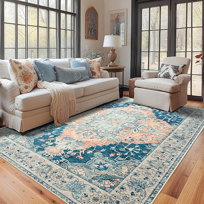 YJ.GWL Area Rugs for Living Room 5x7 Machine Washable Rugs, Non Slip Floral Vintage Rug Indoor Carpet, Stain Resistant Large Rug for Bedroom Dining Room, Dark Blue