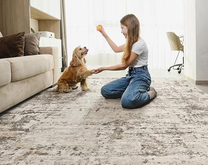 6x9 Area Rug Living Room Rugs - Washable Neutral Modern Abstract Soft Thin Large Rug Indoor Floor No Slip Rug Carpet for Bedroom Under Dining Table Home Office Decor - Dark Brown