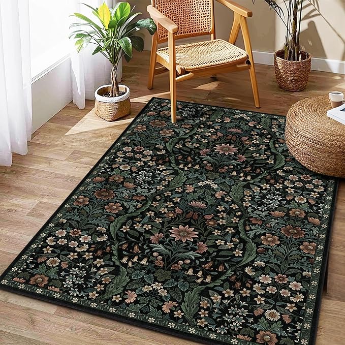 4x6 Black Floral Boho Area Rug,Low-Pile Stain Resistant Non-Slip Machine Washable Carpet for Living Room,Bedroom, Kitchen,Entryway,Dining Room, Nursery
