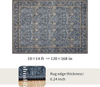 Washable Living Room Rug: 10x14 Boho Floral Soft Area Rug for Bedroom Decor - Vintage Low Pile Thin Carpet for Dining Room Non-Slip - Farmhouse Stain Resistant Rugs - Slate Blue