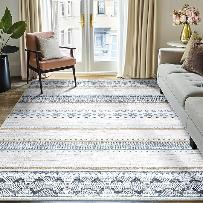BESTSWEETIE 6x9 Area Rugs for Living Room Washable Moroccan Farmhouse Neutral Geometric Low Pile Non-Slip Soft Print Pattern Rug for Bedroom Kitchen Dining Room Entryway Blue/Brown