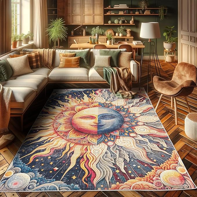 Ambesonne Sun and Moon Decorative Rug, Modern Esoteric Celestial Lunar Motif with Boho Paisley Details, Quality Carpet for Bedroom Dorm and Living Room, 2' 2" x 3' 7", Pale Orange Indigo Beige