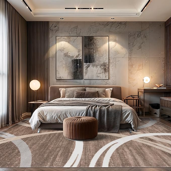 Rugshop Modern Wavy Circles Design Area Rug, Non-Shedding Carpet for Living Room, Bedroom, or Dining Room, Brown, 7'10" x 10'2"