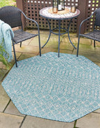 Unique Loom Outdoor Trellis Collection Area Rug - Tribal Trellis (7' 10" Octagon, Aqua/ Ivory)