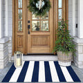 KOZYFLY Striped Outdoor Rug 27.5x43 Inches Front Door Rug Navy and White Woven Cotton Washable Outdoor Doormats Outdoor Entrance Mat for Front Door Entryway Patio Front Porch
