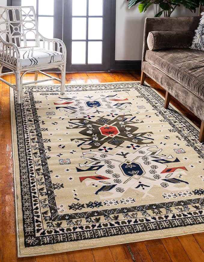 Unique Loom Taftan Collection Border Geometric Tribal Inspired Design Area Rug (7' 0 x 10' 0 Rectangular, Gold/ Gray)