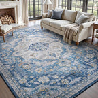 tchdio 8x10 Area Rugs for Living Room, Vintage Non Slip Washable Rug, Soft Low Pile Area Rug Large Floor Indoor Carpet for Bedroom, Dining Room, Office (Blue, 8'x10')