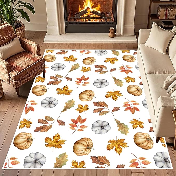 Pumpkin Area Rug, 6x8ft, Fun Vibrant Autumn Harvest Fallen Leaves Pumpkin Plant White Fall Porch Rug, Sturdy Non Slip Easy-Washing Fall Decorations for Home Bedroom