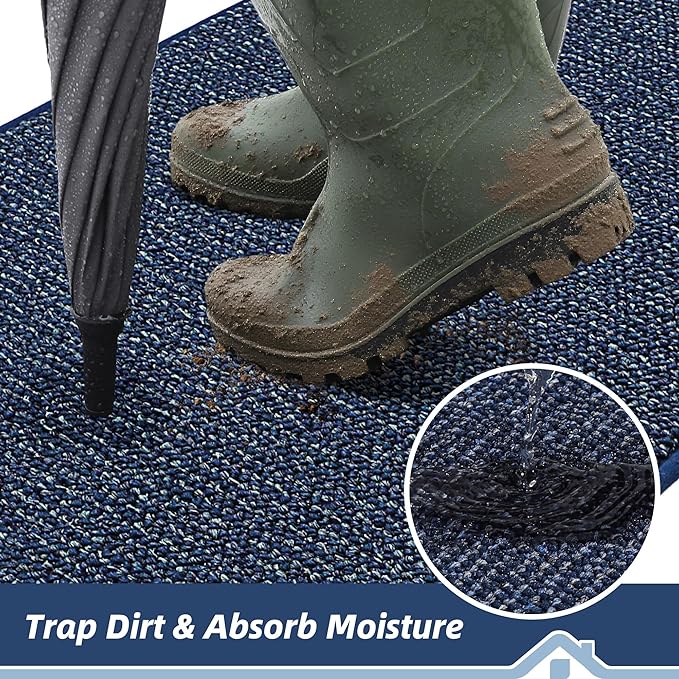 BEQHAUSE Dirt Trapper Door Mat 24" x 36", Non-Slip Washable Doormats Entrance Mat, Dirt Resistant and Absorbent Welcome Mat, Low Profile Floor Mats for Front Back Door and Entryway, Blue