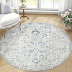 jinchan Kalen Round Rug 4ft Area Rug Entryway Washable Vintage Indoor Retro Floor Cover Distressed Floral 4' Round Circle Boho Non Slip Thin Carpet for Kitchen Bedroom Living Room Dining Room Blue