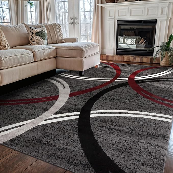 Rugshop Modern Wavy Circles Design Non-Shedding Area Rug, Carpet for Living Room, Dining Room, or Bedroom, Red, 5'3" x 7'3"