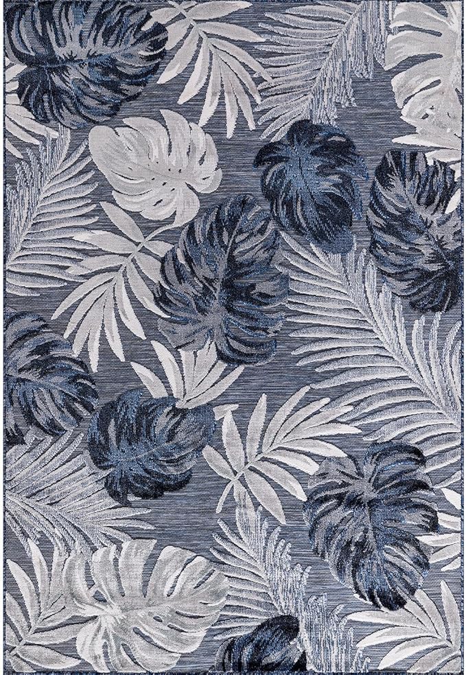 CAMILSON Indoor Outdoor Rug Navy Blue 4x6 Leaf Tropical Botanical Area Rugs for Indoor and Outdoor patios, Easy-Cleaning Non-Shedding Living Room Garden and Kitchen Washable Outside Carpet (4 x 6)