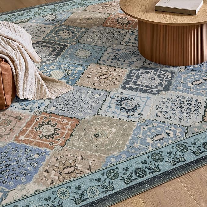 Phantoscope Washable Area Rug 4'x6' Non-Slip, Vintage Boho Rugs for Living Room, Bedroom, Dining Room, Distressed Moroccan Mosaic Diamond Pattern, Low-Pile Foldable Floor Carpet, Blue Teal/Neutral