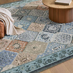 Phantoscope Washable Round Area Rug 6ft Non-Slip, Vintage Boho Rugs for Living Room, Bedroom, Dining Room, Distressed Moroccan Mosaic Diamond Pattern, Low-Pile Foldable Floor Carpet, Blue Teal/Neutral