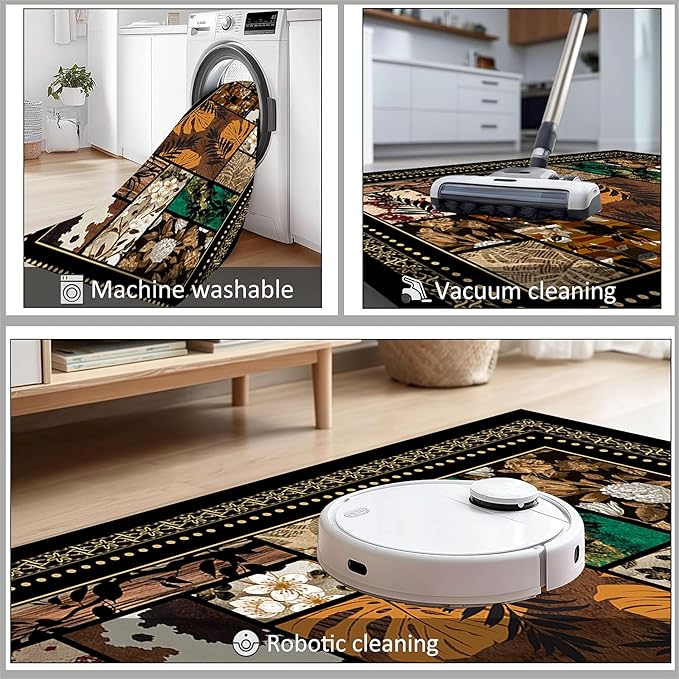 Floral Tropical Patchwork Area Rug 3x4ft, Vintage Black & Brown Country Carpet, Low Pile Non-Slip Mat for Cozy Bedroom, Dining Room, Farmhouse Decor