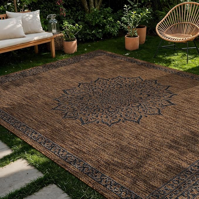 CAMILSON Outdoor Rug 5x7 Medallion Gold Modern Area Rugs for Indoor and Outdoor Patios Kitchen and Hallway Mats Washable Porch Deck Outside Carpet (Medallion Gold 5 x 7)