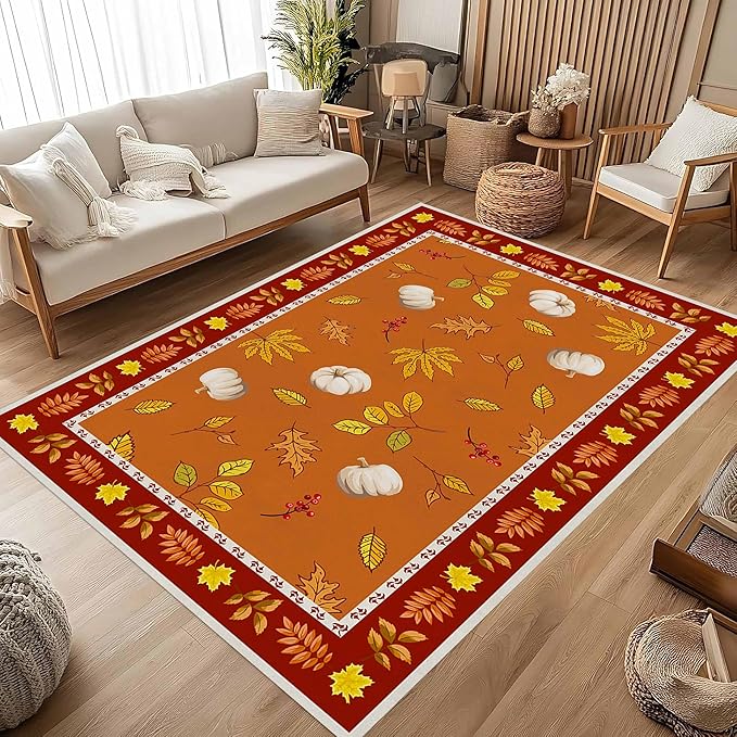 Fallen Leaves Carpet for Kitchen, 4x6ft, Autumn Pumpkins with Leave Orange Area Rug, Indoor Ultra-Thin Foldable Machine Washable Fun Pumpkin Bath Mat for Home Office Relax Room