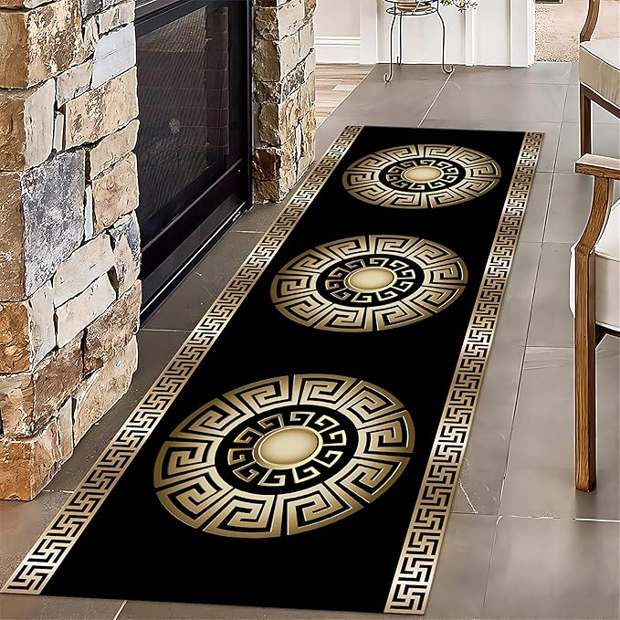 Black Gold Geometric Hallway Runner Rug, 3.3x7ft, Vintage Greek Key Entryway Carpet, Baroque Style Pattern Machine Washable Carpets, Durable Non-Shedding Non-Slip Rugs for Dorm Nursery