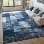 Tepook Modern Area Rug for Living Room, 8x10 Geometric Large Rugs for Bedroom, Washable Patchwork Rug Indoor Non-Slip Throw Carpets for Dining Room Office Farmhouse Home Decor, Blue