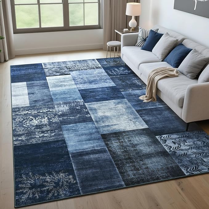 Tepook Modern Area Rug for Living Room, 8x10 Geometric Large Rugs for Bedroom, Washable Patchwork Rug Indoor Non-Slip Throw Carpets for Dining Room Office Farmhouse Home Decor, Blue