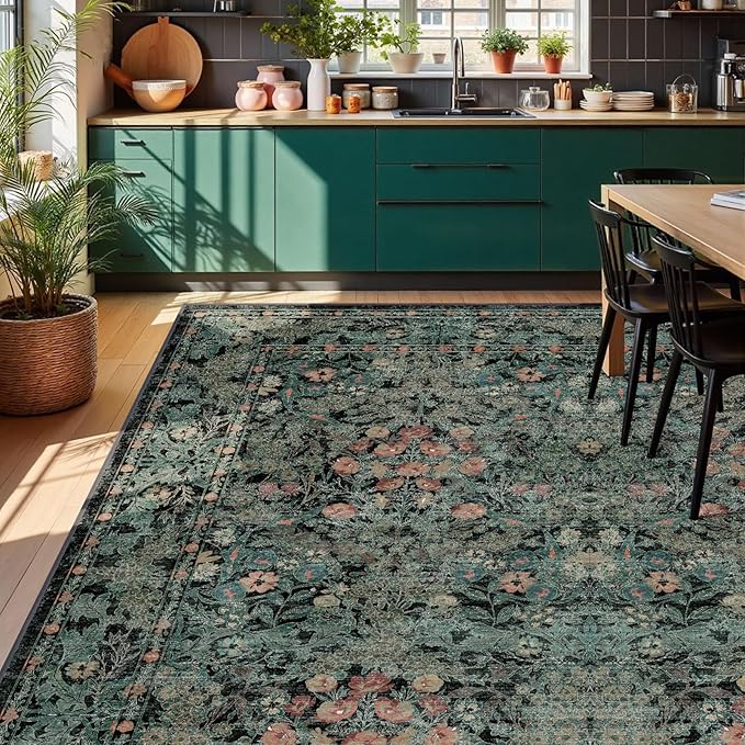 Boho Dark Green Floral Area Rug 8x10 for Living Room, Washable Farmhouse Moody Rug for Bedroom, Dining Room Under Table, Cottage Core Distressed Low Pile Non Slip Carpet, Soft Large Mat