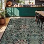 Boho Dark Green Floral Area Rug 8x10 for Living Room, Washable Farmhouse Moody Rug for Bedroom, Dining Room Under Table, Cottage Core Distressed Low Pile Non Slip Carpet, Soft Large Mat