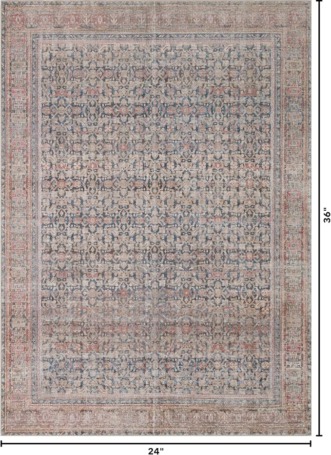 Kuden Area Rug, Machine Washable, Non-Slip Backing, Vintage Style, Soft, Low Pile, Perfect for Living Room, Bedroom, Kitchen, Dining Room - [2x3, Blue/Red]