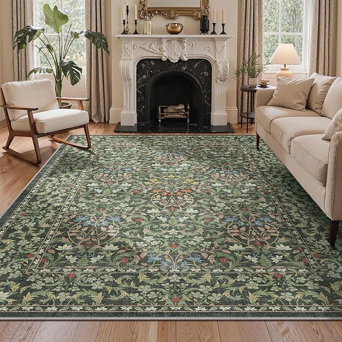 Bavni 6x9 Area Rugs for Living Room, Floral Rug Machine Washable Non Slip, Vintage Boho Forest Carpet, Soft Low Pile Thin Lightweight Rugs for Bedroom, Farmhouse, Dining Room Office, Emerald Green