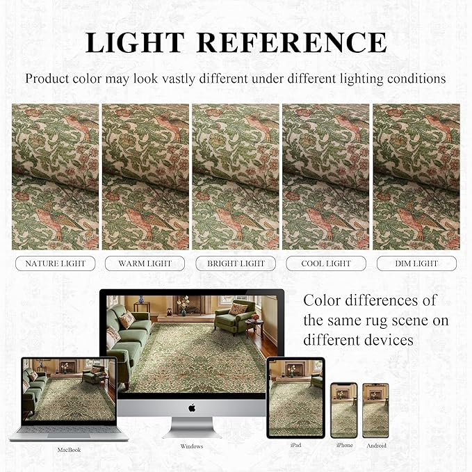 9x12 Floral Washable Area Rug for Living Room, Vintage Boho Large Rugs for Bedroom Dining Room, Botanical Birds Non Slip Low Pile Forest Throw Carpet for Farmhouse Office, Retro Pink/Green