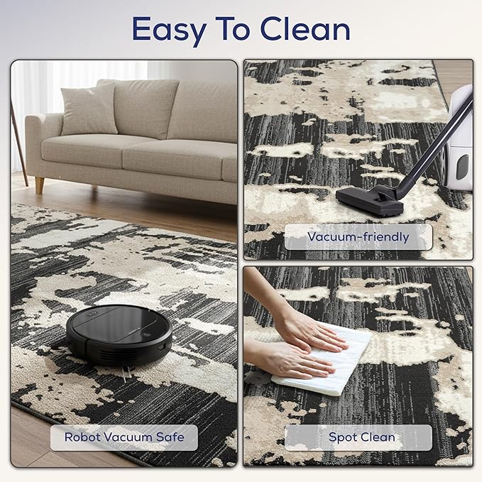 Abani Terra Cream Area Rug for Living Room, Bedroom - Black Abstract Pattern - 6' Round - Durable & Easy to Clean