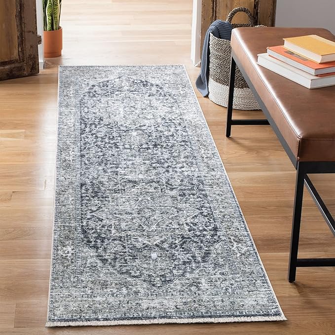 Bloom Rugs Caria Washable Non-Slip 10 ft Runner - Gray/Dark Blue Traditional Runner for Entryway, Hallway, Bathroom, and Kitchen - Exact Size: 2'6" x 10'