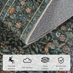 9x12 Floral Washable Area Rug for Living Room, Vintage Boho Large Rug for Bedroom Dining Room， Distressed Botanical Birds Non Slip Low Pile Forest Animal Throw Carpet for Farmhouse Office, Dark Green
