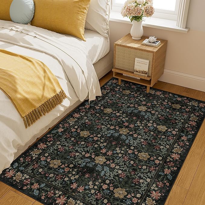 DUKINO 4x6 Rugs for Living Room, Lightweight Non Slip Washable Rug with Low Pile Design, Vintage Floral Non-Shedding Soft Carpet for Living Room, Bedroom, Farmhouse, Office, Bathroom, Black