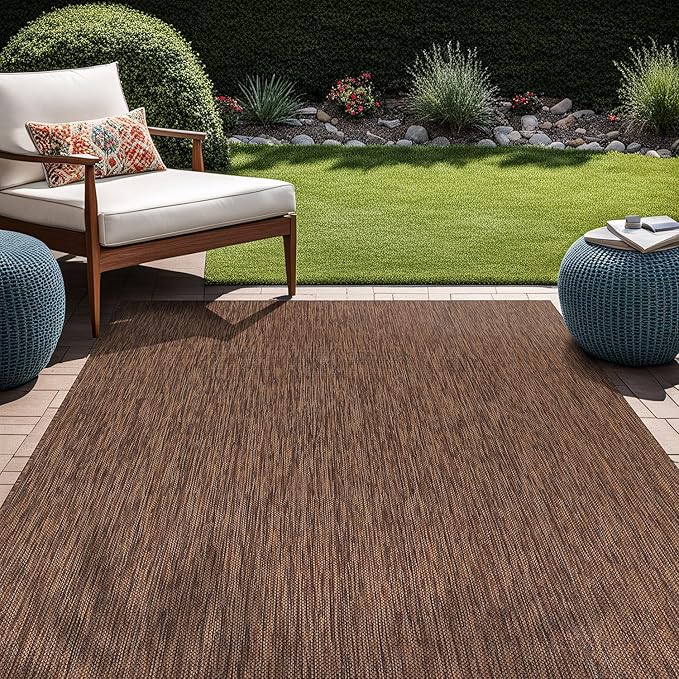 Beverly Rug Indoor Outdoor Rug 10x14, Washable Outside Carpet for Patio, Deck, Porch, Solid Modern Area Rug, Water Resistant, Gold Brown