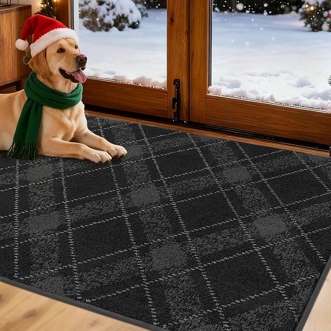 COSY HOMEER Plaid Door Mat 32" x 48",Dirt Trapper Entryway Rugs,Non-Slip Washable Farmhouse Doormat,Low Profile Welcome Mats for Paws Dark Grey