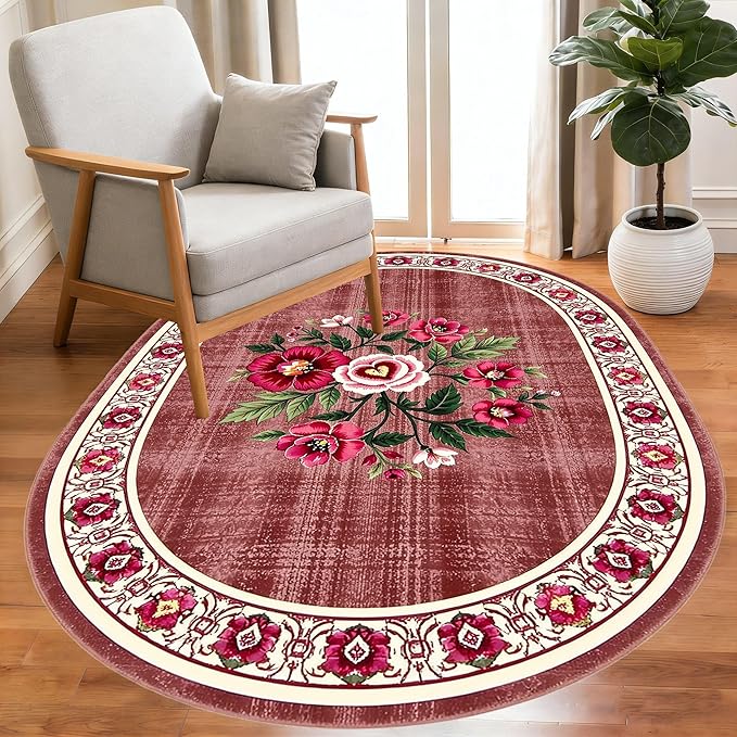 Retro Country Distressed Burgundy Green Florals Texture Bordered Rugs 12x15 for Living Room Bedroom Dining Room Soft Washable Non Skid Area Rug Guestroom Kitchen Doormats Rustic Indoor Oval Carpet