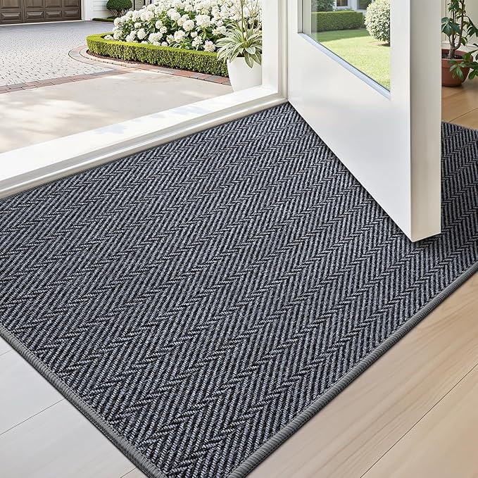 LUMI Ultra Thin Indoor Door Mat for Entrance 24"x36", Non Slip Entryway Mat, Low Profile Doormat, Unique Herringbone Design Carpet for Inside, Patio, Porch, Medium Gray