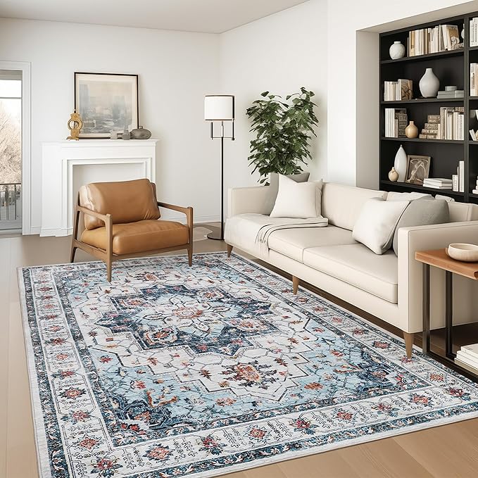 zesthome 6x9 Area Rugs, Machine Washable Rugs for Living Room, Bedroom,Stain Resistant Vintage Large Area Rug,Non-Slip Medallion Pattern Home Decor Rugs (Blue,6'x9')