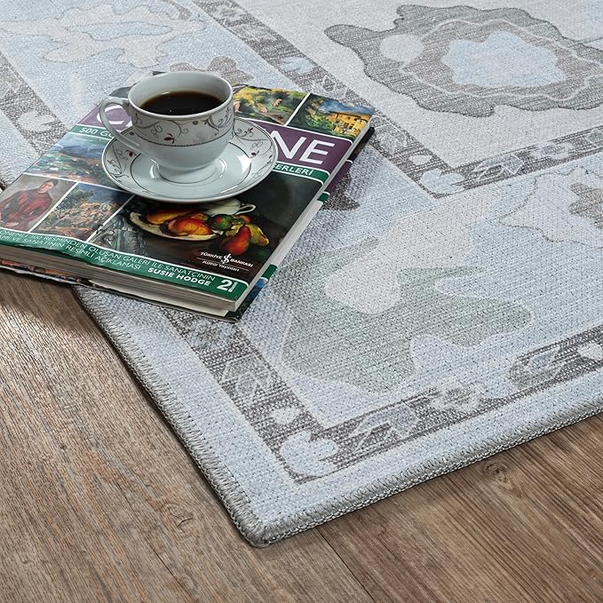Fame Living Cream Beige Oushak Rug, Modern, Vintage, Turkish, Eclectic, Floral, Pastel, Washable, Large Area Rugs for Living Room, Dining, Bedroom, Girls, Boys, 7'5"x9'8"
