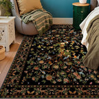 Black Area Rug 3x5 Washable, Non-Slip Small Rug Carpet, Floral Boho Low Pile Soft Throw Rugs for Entryway, Bedroom, Kids Room, Dorm, Office, Nursery, Vintage Home Decor