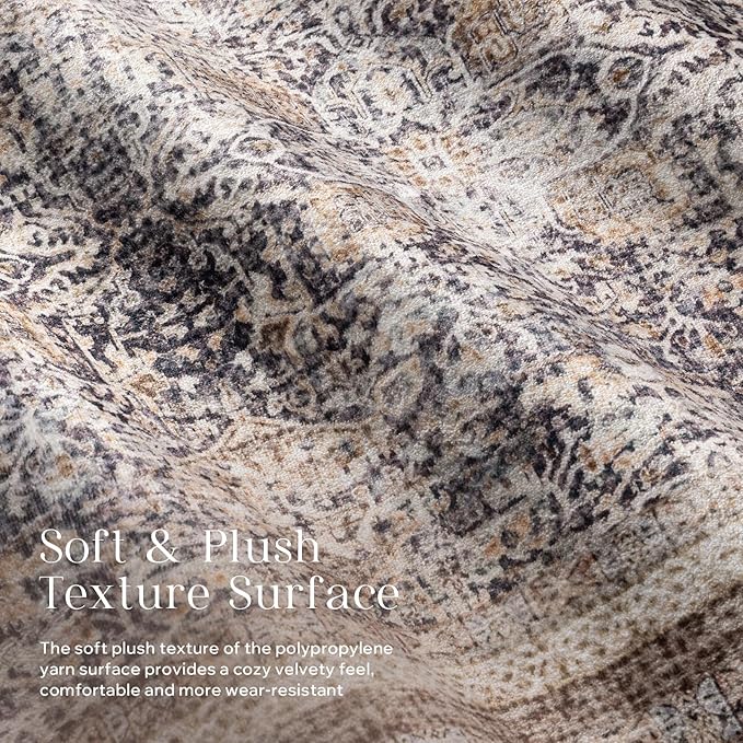 Phantoscope Washable Area Rug 9'x12' Non-Slip, Vintage Neutral Rugs for Living Room, Bedroom, Dining Room, Distressed Boho Floral Medallion Pattern, Low-Pile Foldable Floor Carpet, Light Brown