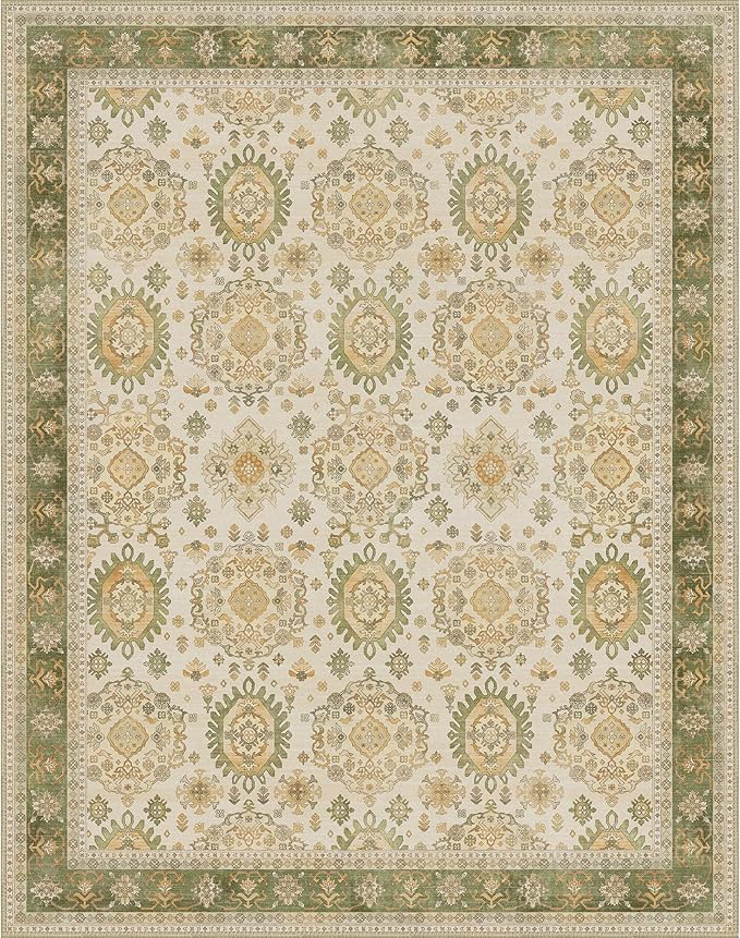 8x10 Area Rug Machine Washable Boho Rug for Living Room,Ultra-Thin Low Pile Carpet,Lightweight Indoor Printed Rug,Non Slip Floral Area Rug for Bedroom, Dining Room, Home Office,Green