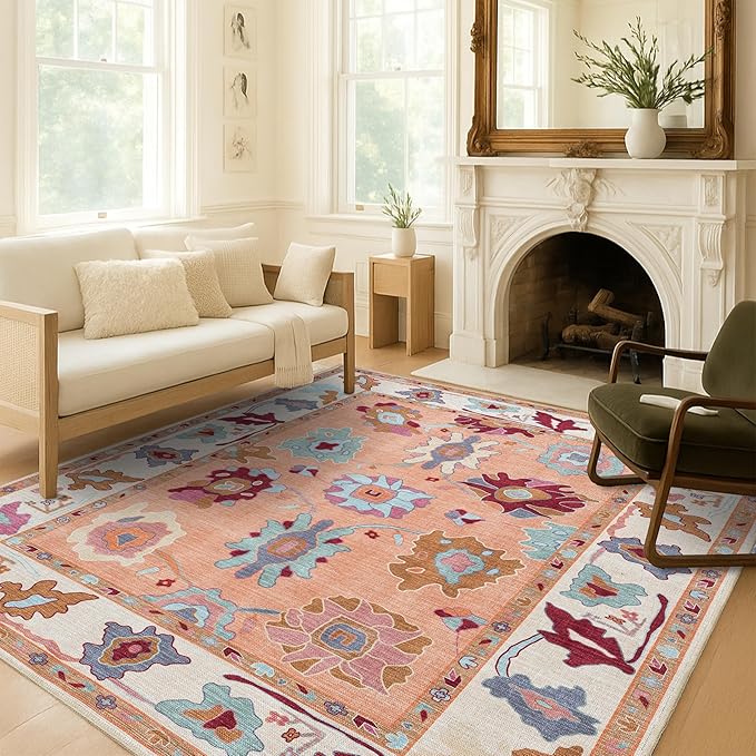 Fame Living Orange Oushak Rug, Modern Rugs, Vintage, Turkish, Eclectic, Floral, Pastel, Washable, Small Throw, Accent Area Rug for Living Room, Bedroom, Kitchen, Bathroom, 2'5"x4'9"