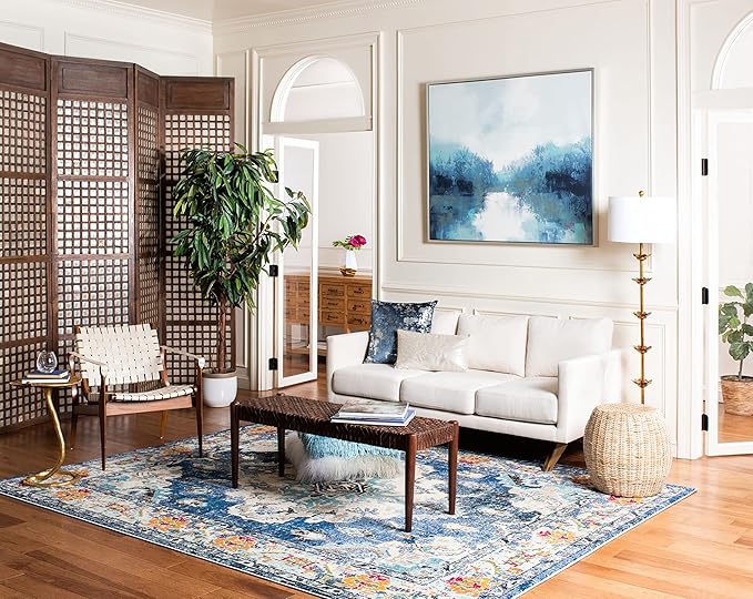 SAFAVIEH Monaco Collection Area Rug - 11' Square, Navy & Light Blue, Boho Chic Medallion Distressed Design, Non-Shedding & Easy Care, Ideal for High Traffic Areas in Living Room, Bedroom (MNC243N)